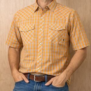 Salty Men’s Orange Plaid Snap Button Short Sleeve Western Shirt XL